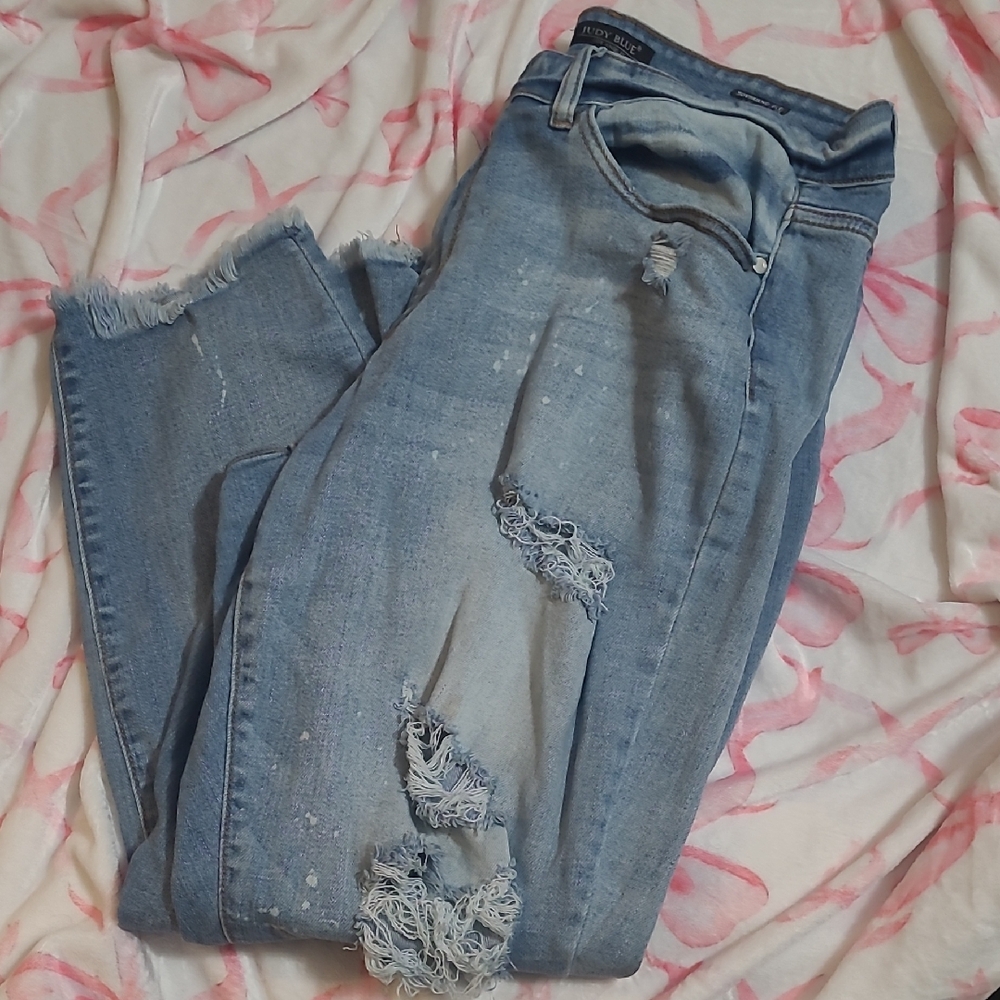 Judy Blue Light Blue Distressed Boyfriend Fit Jeans